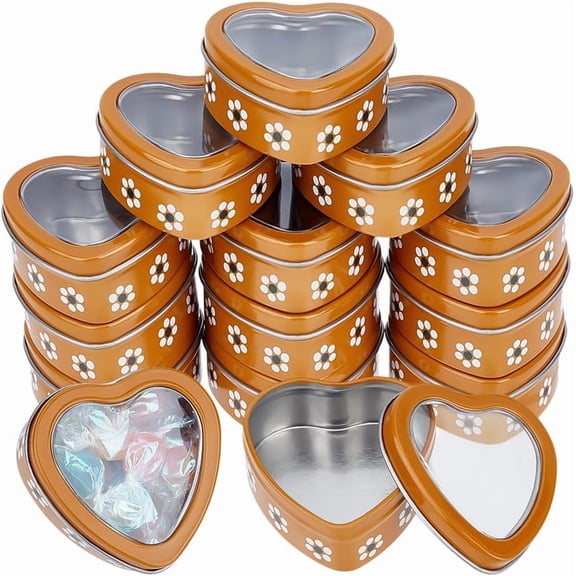 20pcs 2oz Heart Shaped Metal Tins with Clear Window Lids Flower Design Metal Tin Cans Empty Candy Tins Storage Box Container