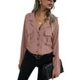 thumbnail image 2 of VISgogo, blusas de chifón salvaje a la moda para mujer, camisa de un solo pecho con cuello vuelto de Color sólido, Tops informales de manga larga para oficina para mujer VISgogo  moda, 2 of 8