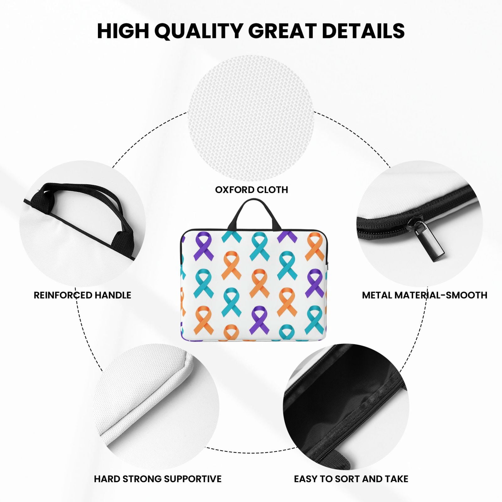 Laptop Sleeve Bag For Women Men 14inch Waterproof Durable Protective Computer Carrying Cover Handle Laptop Case Bag Cancer Awareness Ribbon Pattern - Modern Grid