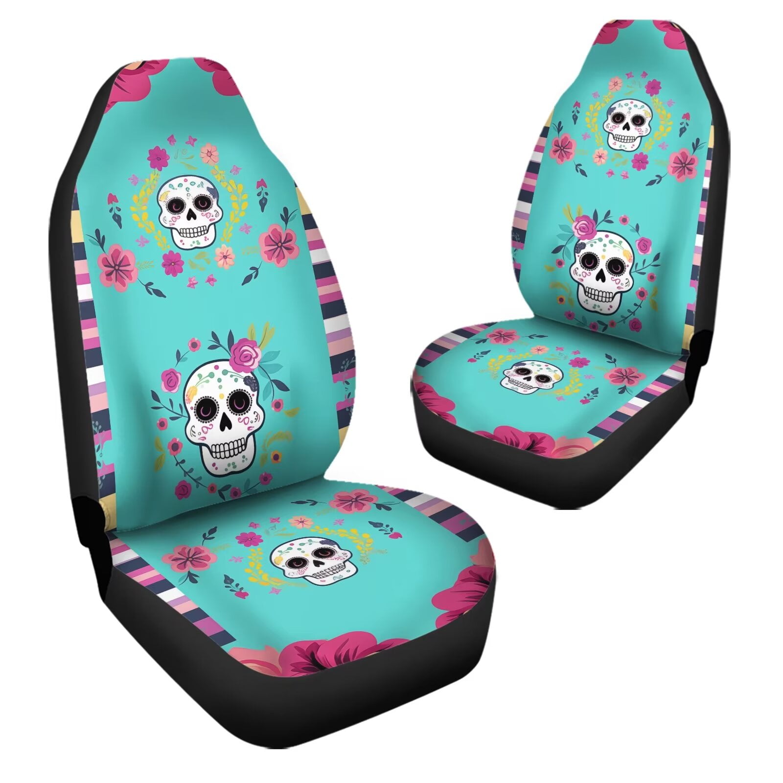 Uourmeti Blue Sugar Skull Floral Print Auto Seat Covers 2pc Set Easy Install Full Wrap Durable Elastic Bucket Seat Covers Elastic Fit Most Vehicle