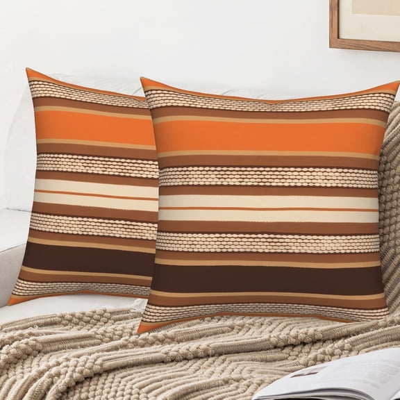 Orange Brown Striped Throw Pillow Covers 18x18 Set of 2 Double-Sided Farmhouse Neutral Decorative Cushion Cases Rustic Linen Pillow Covers for Sofa