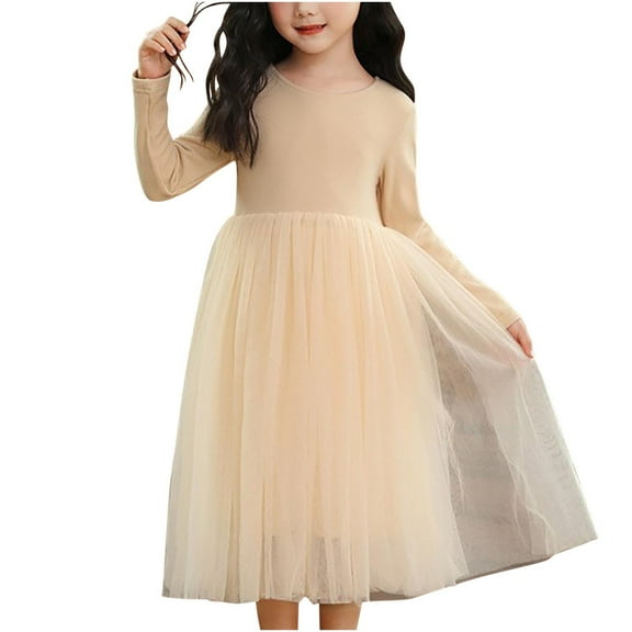 Kids Girls Cotton Dress Tulle Long Sleeve Dresses Crewmeck Flowy Fluffy Tutu Spring Casual Dress, Beige, 10 Years