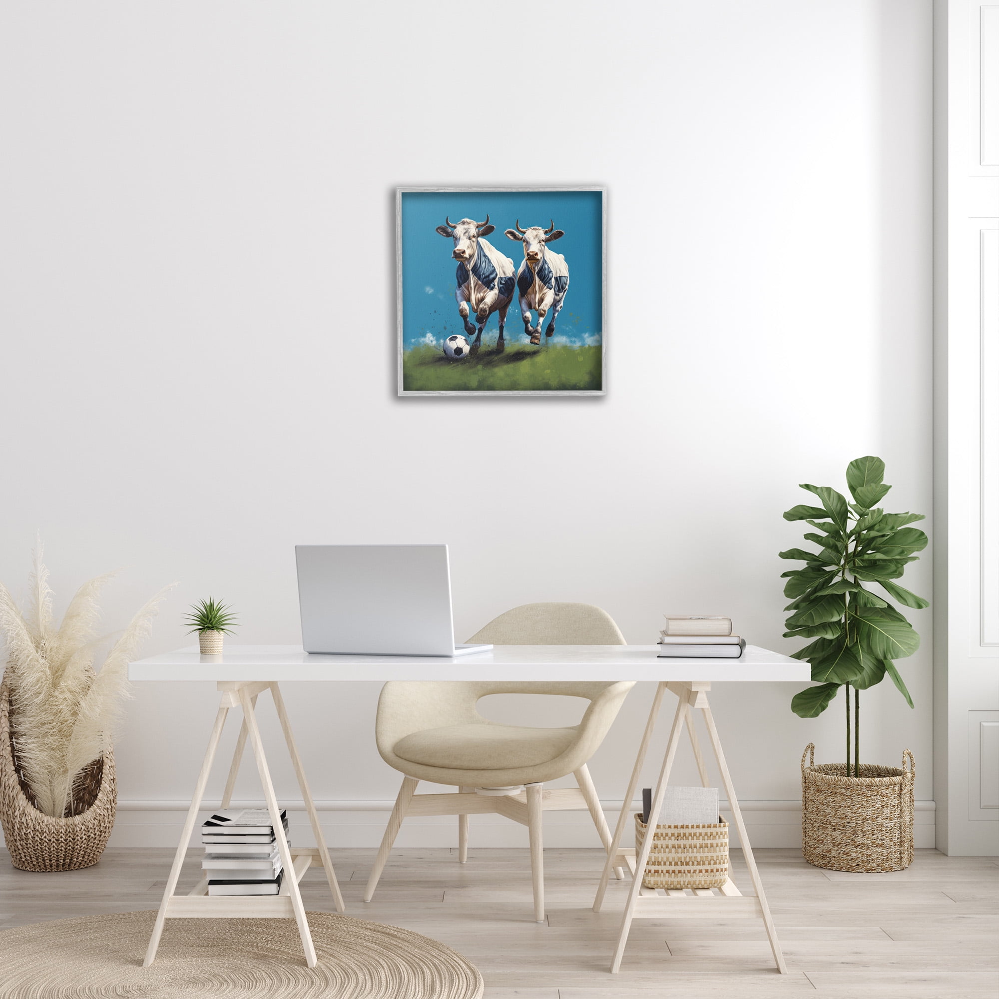 Stupell Industries Cows Playing Soccer Animals & Insects Painting Gray Framed Art Print Wall Art, 24 x 24