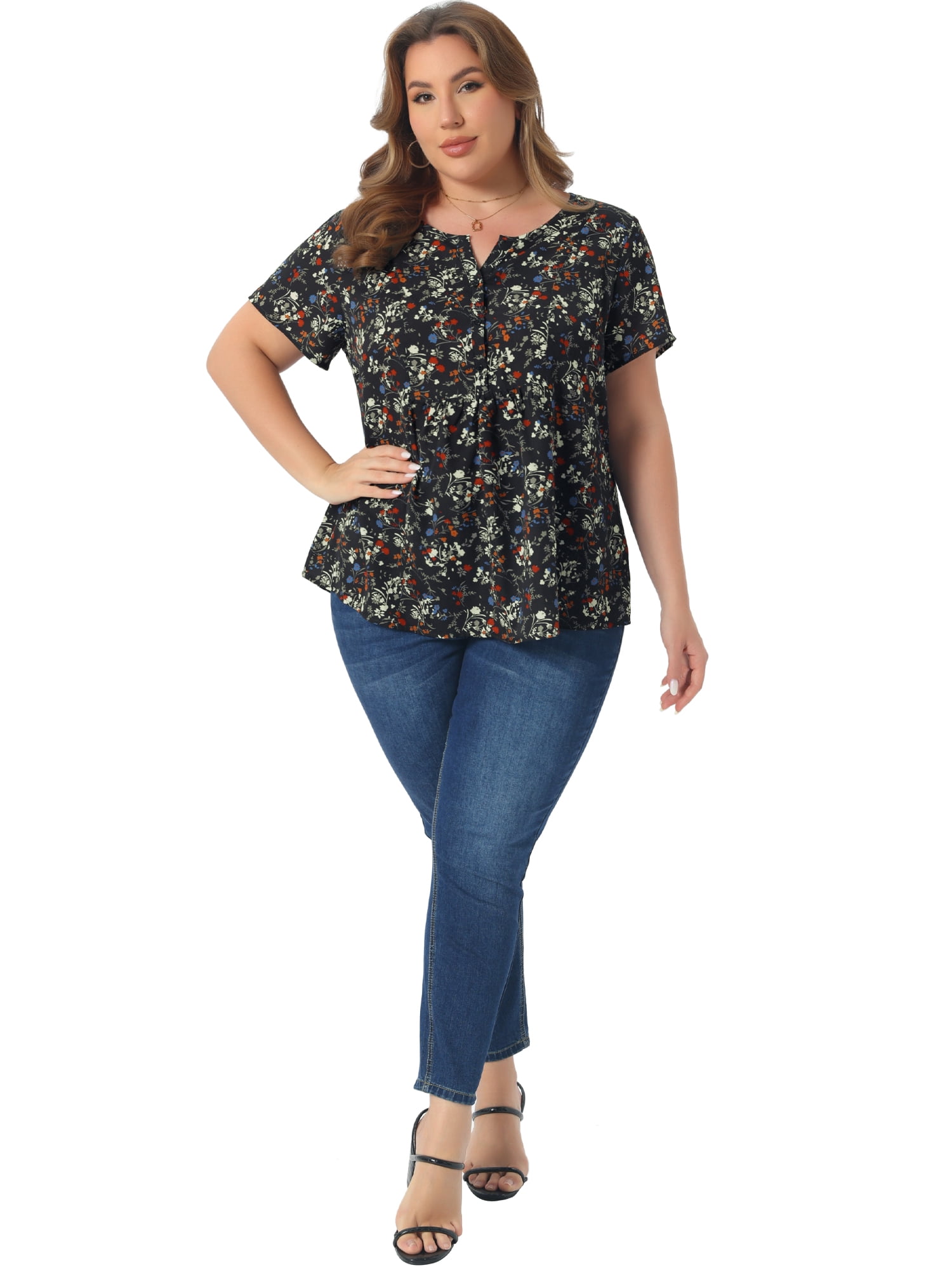 DARING DIVA Women's Plus Size Floral Half Placket Short Sleeve Blouses 1X Black White