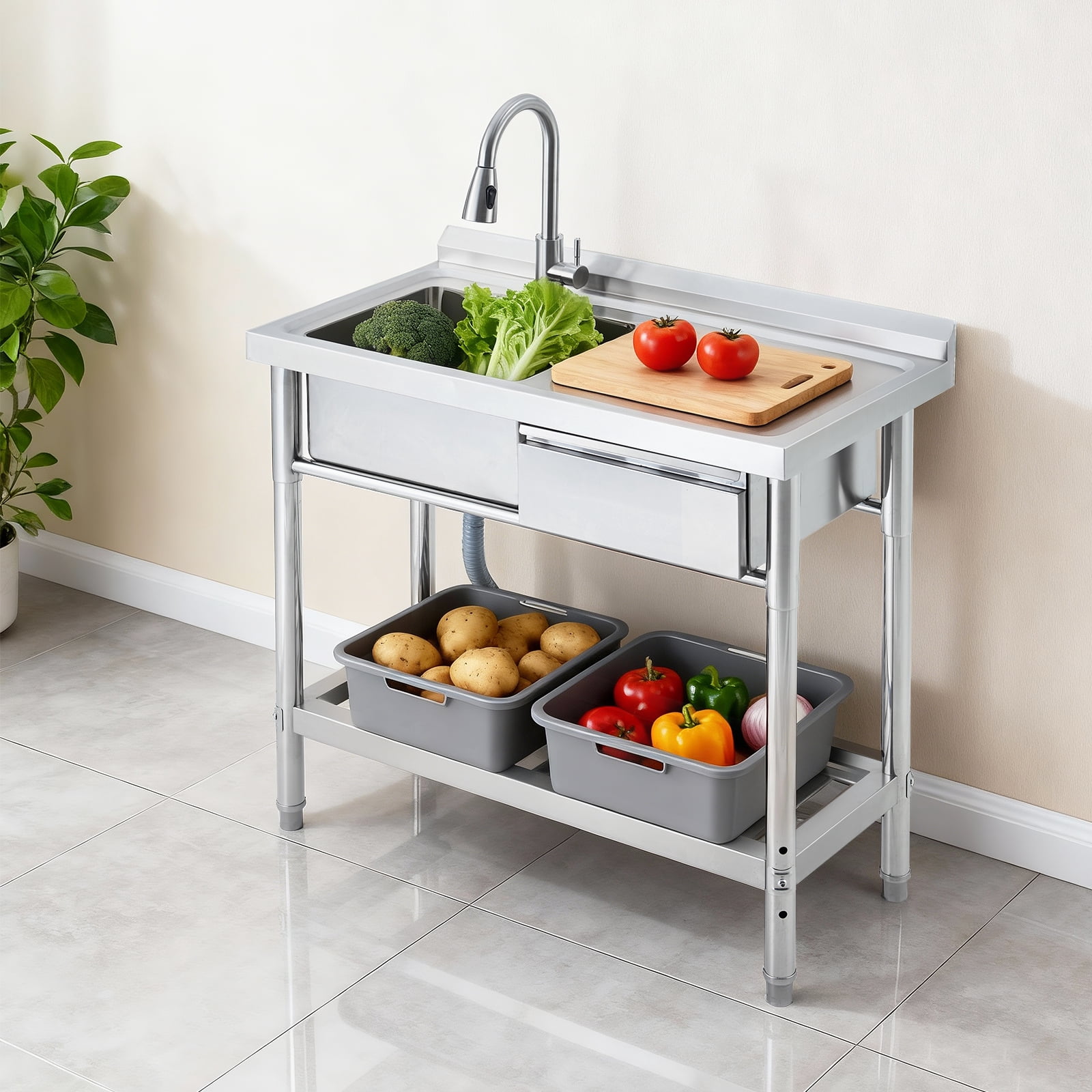 Stainless Steel Sink, 39" Utility Sink Commercial Kitchen Sink Prep Counter with Pull-out Faucet, with Storage Drawer, Freestanding Laundry Sink Workstation for Garage, Kitchen, RV, Basement