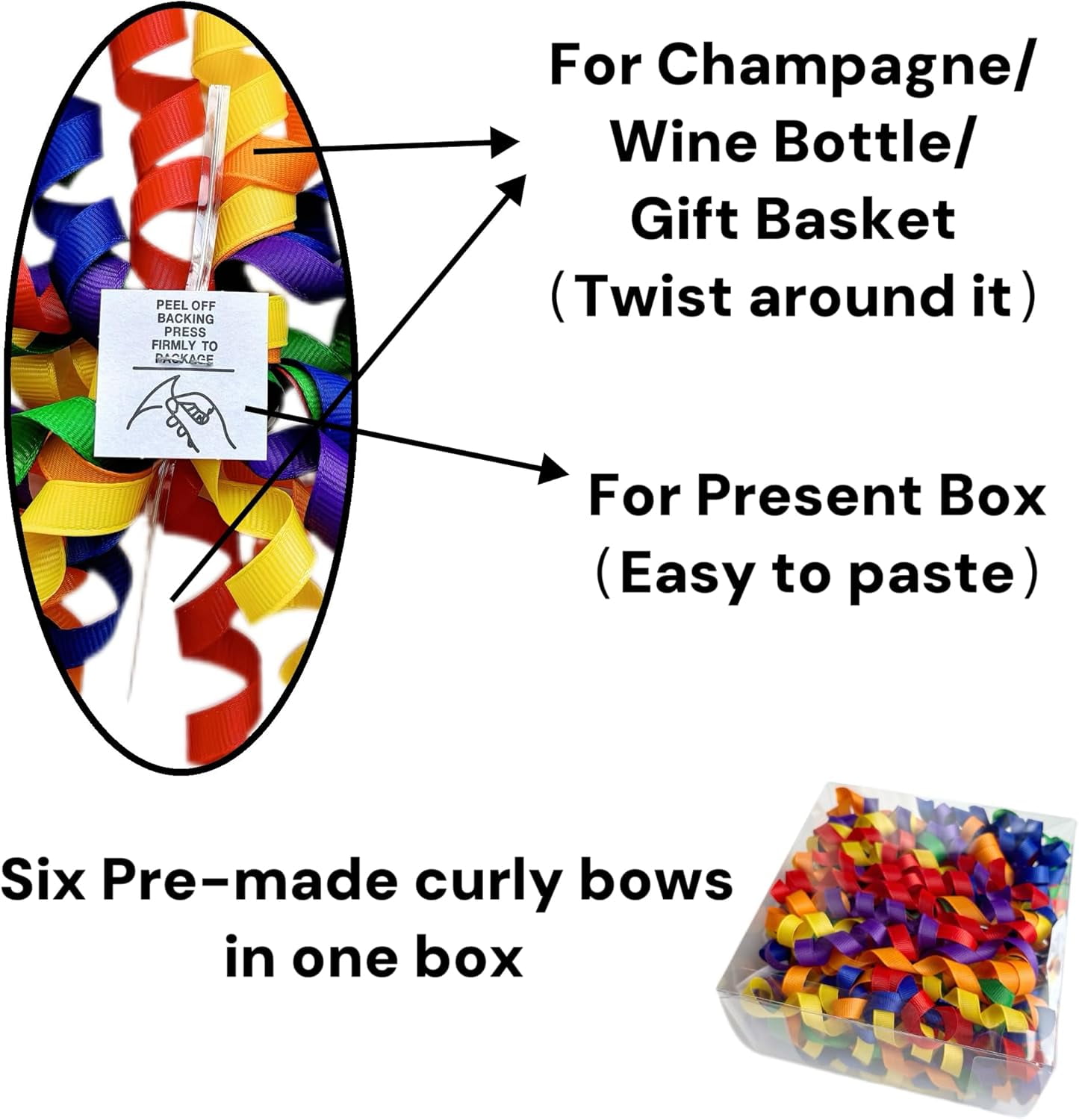 6PCS Self-Adhesive Curly Bows, 6" Rainbow Ribbon Bow, Pre-Made Bows for Gift Wrap, Basket Decoration, Wine Bottle, Present Bow Birthday, Party, Pride Month, Anniversary(Rainbow, 6 inches)