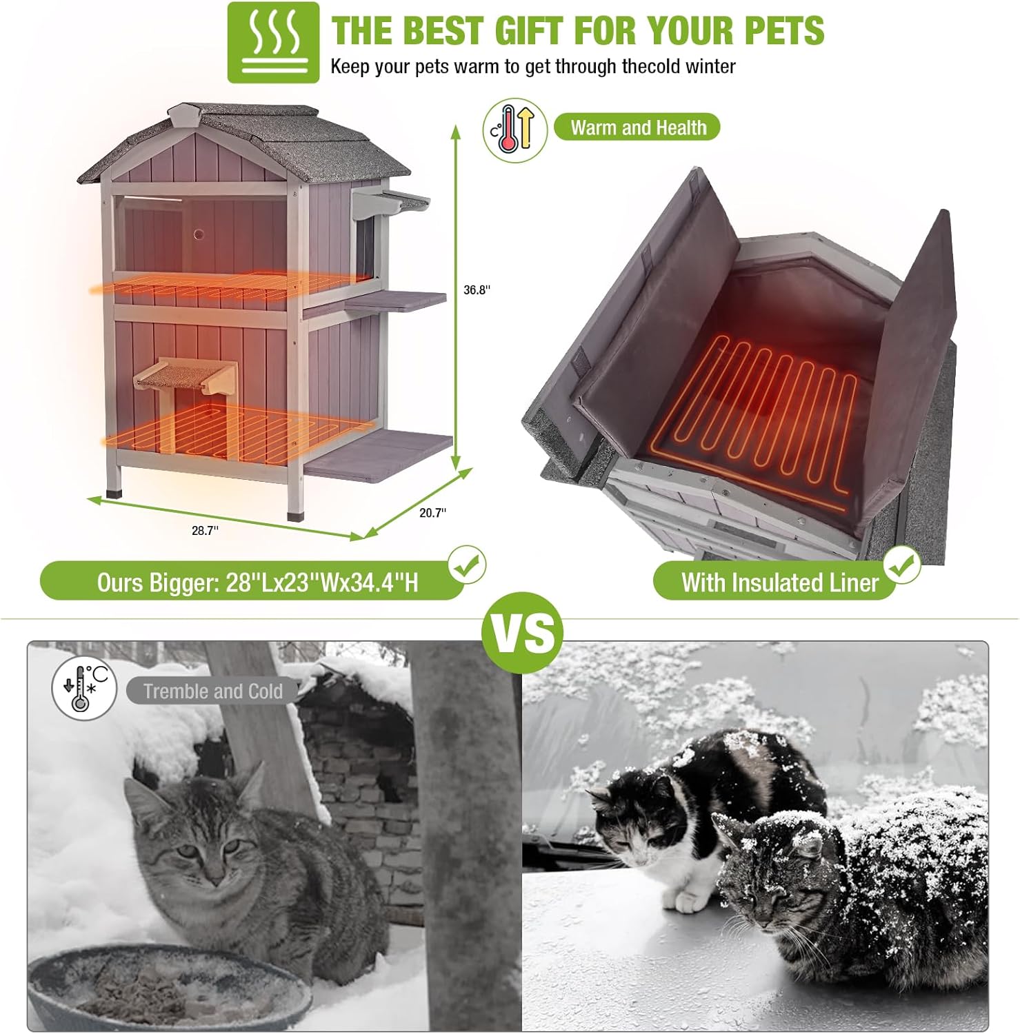 Aivituvin Heated Outdoor Cat House for Outside Weatherproof Feral Cat Shelter for Winter with Heater and Insulated Liner Two Story