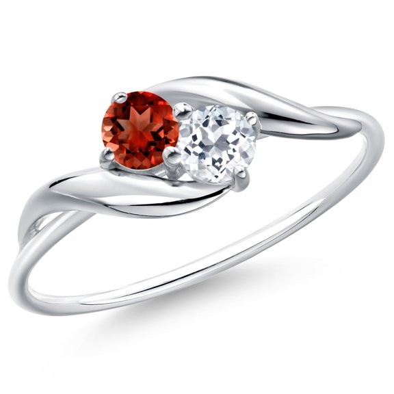 Gem Stone King 10K White Gold Round Red Garnet and White Topaz Ring for Women (0.42 Cttw, Round 3.5MM, Gemstone January Birthstone, Size 5)