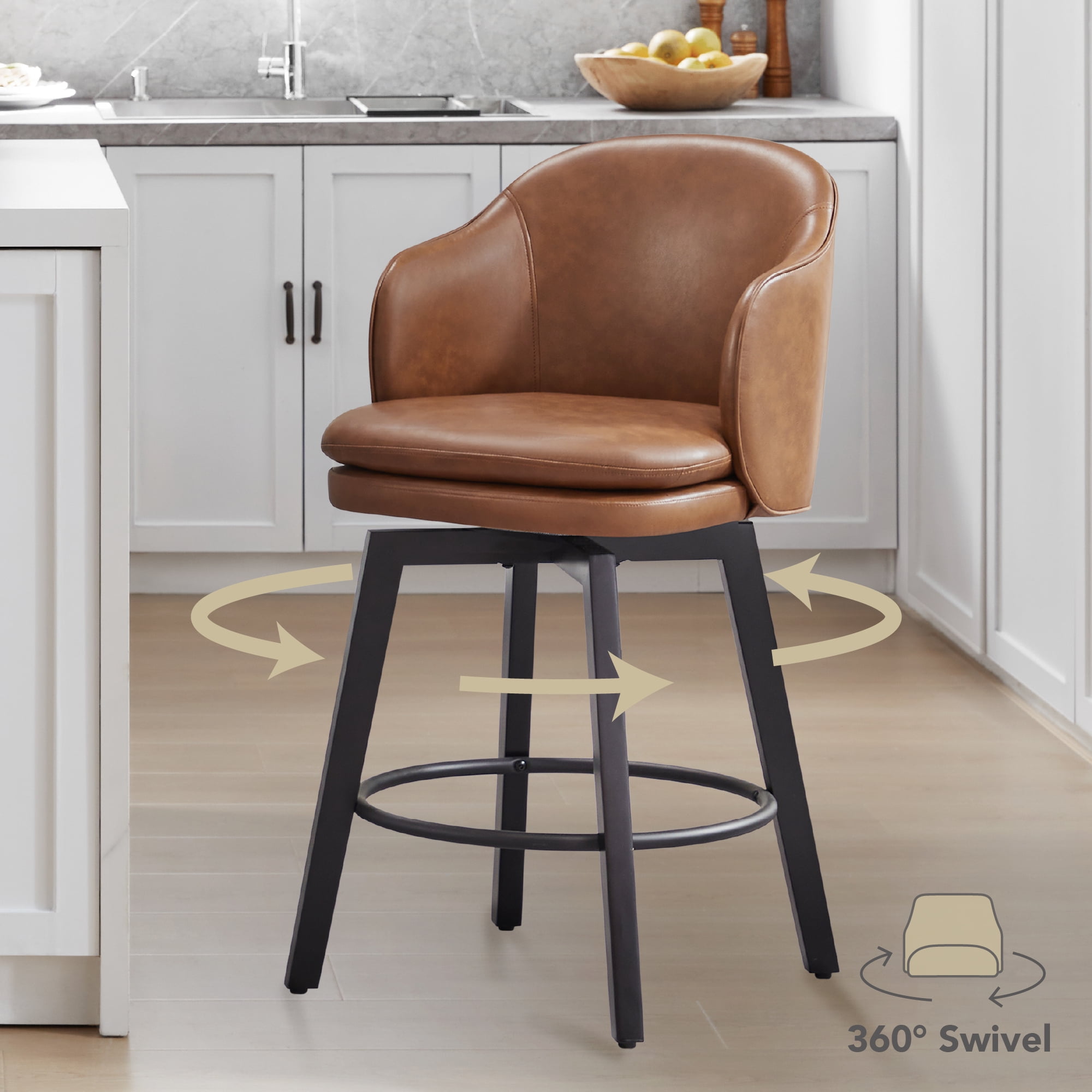 Spruce & Spring Counter Height Swivel Bar Stool with Curved Back and Arms Single, Brown, Faux Leather