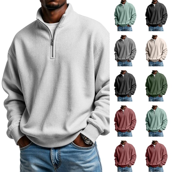 Dwellite Mock Neck Sweaters for Men Quarter Zip Waffle Knit Pullover Business Casual Mock Neck Long Sleeve Sweater White M