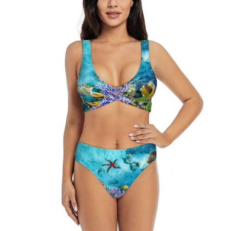 Zeuib Corals and Tropical Fish High Waisted Tummy Control Bikini Set - Knot Front Push Up Top & Cheeky Thong Bottom  Two-Piece Swimsuit for Women-Medium
