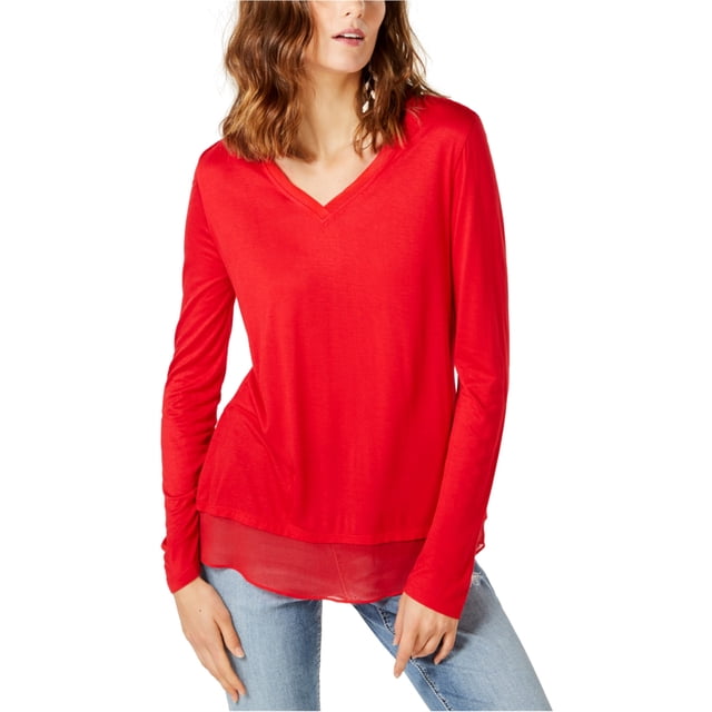 I.N.C Womens Sheer trim Basic T-Shirt, Red, X-Large