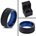 thumbnail image 4 of Tungsten Wedding Band Ring 10mm for Men Women Blue Black Pipe Brushed Polished Offset Line Lifetime Guarantee, 4 of 4