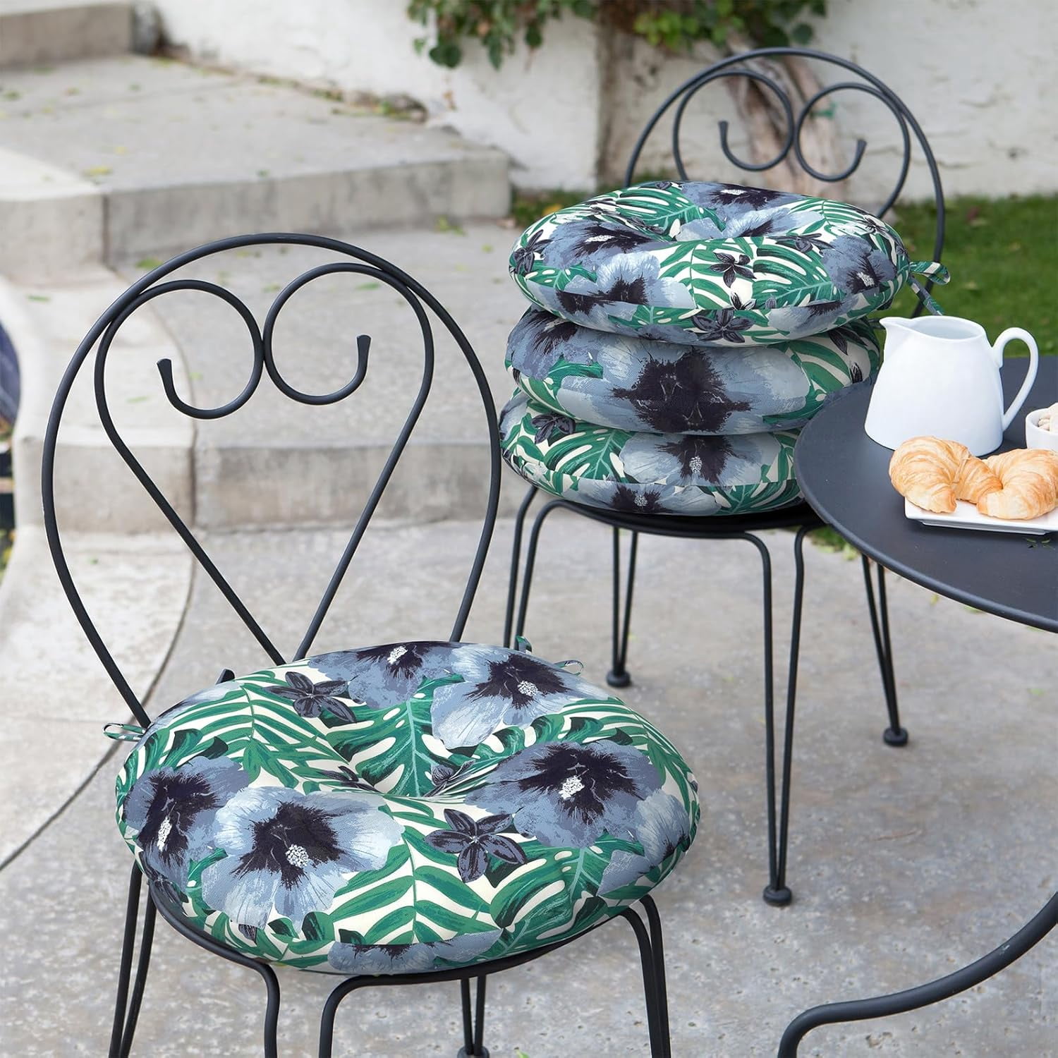 LVTXIII Set Of 2 Outdoor Bistro Seat Cushions | 15-Inch Round, All-Weather | Water & Stain Resistant | Blue Leaves Design - View #11