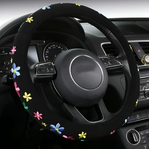 LAMIRO Embroidery Cute Steering Wheel Cover-Deluxe Floral Car Decor, Anti-Slip, Sweat Absorption, Universal 15 inch