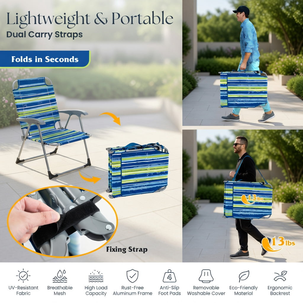 Hommoo 5-Position Adjustable Outdoor Folding Chaise Lounge Chair with Pillow, Lightweight, Portable & UV-Resistant, Blue & Green