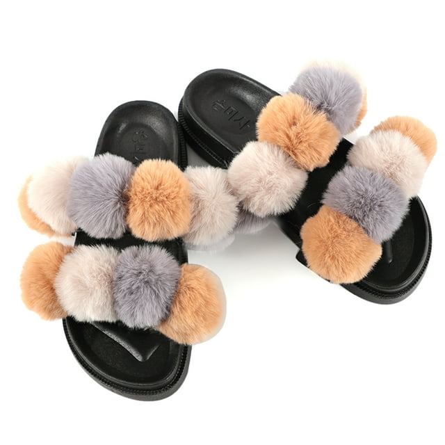 Pantoufles en Fourrure pour Femmes Mode Pompon Boule Pantoufles en Fausse Fourrure Sandales Duveteuses