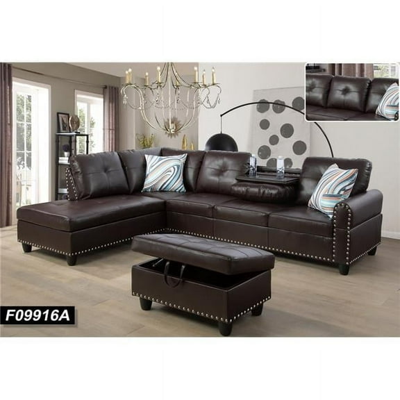 Beverly Fine Funiture F09916A Sectional Couch Sofa Set with Ottoman Left Facing Build-in Coffee Table Brown Faux Leather - 3 Piece