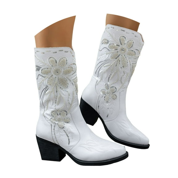 Women's Mid Calf Cowboy Boots Wide Calf Fashion Pointed Toe Beaded Flower Chunky Mid Heel Western Booties