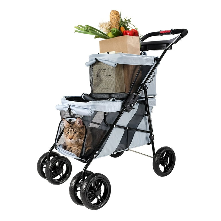 Ibiyaya FS1770 G Double Decker Pet Bus with 4 Wheel Foldable Double Dog Cat Stroller Silver Gray