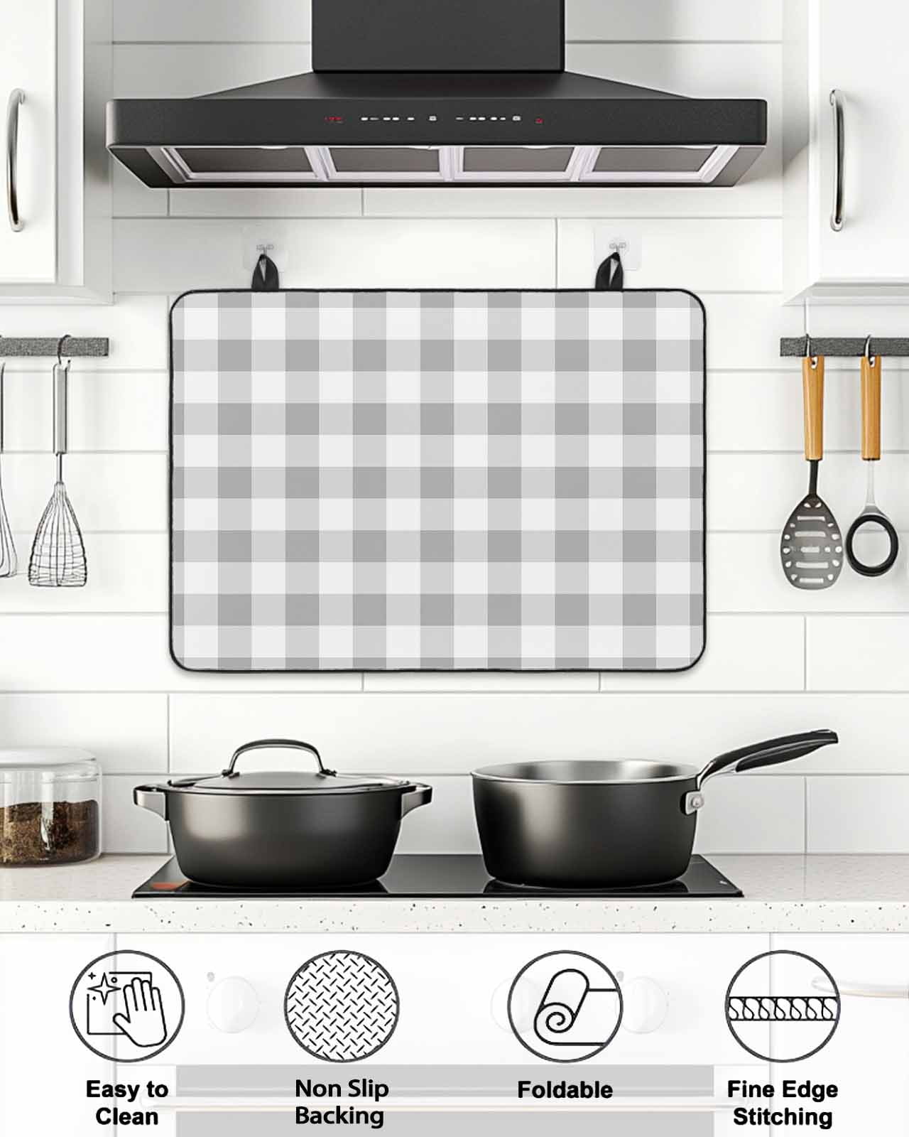 Stove Top Covers for Electric Stove, Grey Plaid Glass Stovetop Cover Protector, Gradient Geometric Buffalo White Checkered Induction Cooktop Protector Oven Mat for Kitchen Countertop 24"x21"