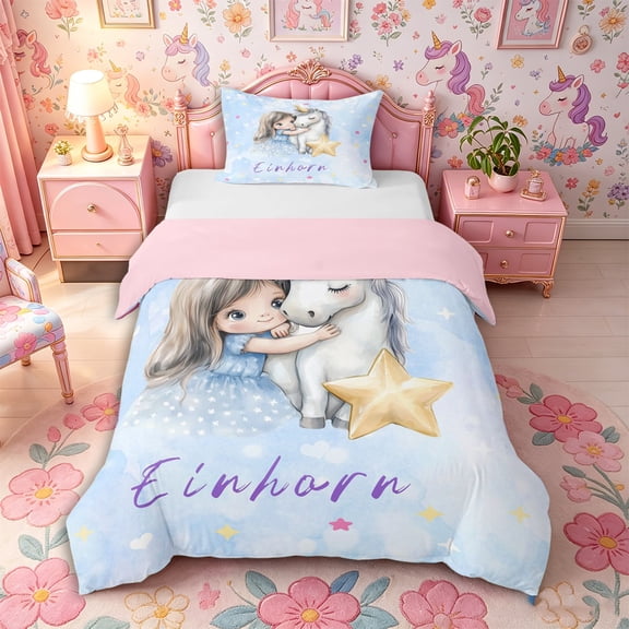 Metsweet Dreamy Princess Twin Duvet Cover, Cartoon Unicorn Twin Bedding, Blue White,Pink Reversible,2pcs,1 Duvet Cover and 1 Pillowcase