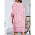 thumbnail image 3 of Women Casual Beach Summer Dress Boho Tassel Tie Neck 3/4 Long Sleeve Short Floral Print Flowy Cover Up Sundresses Pink L, 3 of 6
