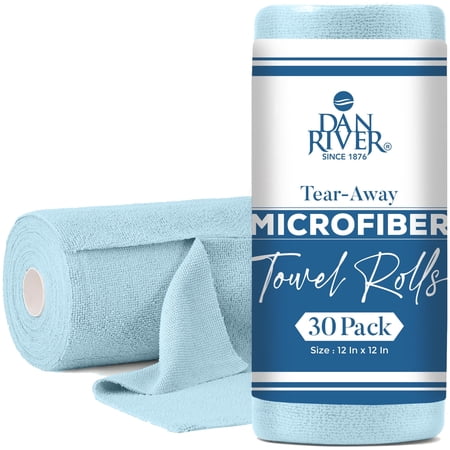 DAN RIVER Microfiber 12x12 Cleaning Cloth Roll (Blue - Pack of 30) | Reusable Tear Away & Lint-Free Cloths for Kitchen & Home | Streak Free Towels for Dusting Glass, Electronics & Dish Cleaning