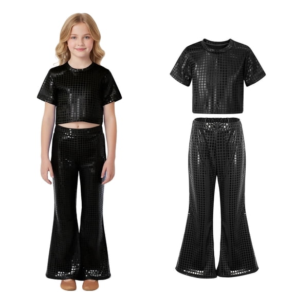 Teen Dance Sequin Black Dance Short Sleeve Top and Flared Pants Two Piece Outfit Set Girls Jazz Outfits for Dance Dance Performance Outerwear 14-16 Years