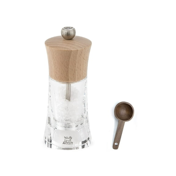 Peugeot - Oleron Manual Mill Salt Mill- Transparent Adjustable Grinder - Acrylic and Beechwood, Natural, 5.5 Inches - With Wooden Spice Scoop Spoon