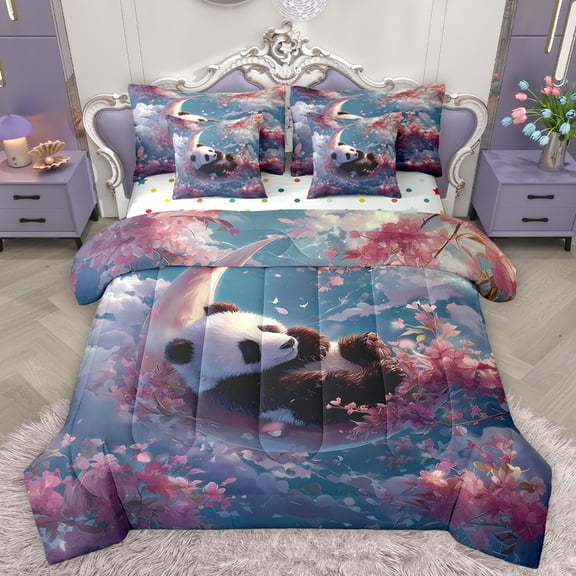Homewish 3D Kawaii Panda Twin Bedding Sets 7-Piece for Teens, Pink Cherry Blossoms Bedding Comforter Set, Dreamy Sky Moon Reversible Sheet Sets, Microfiber Bedroom Decor