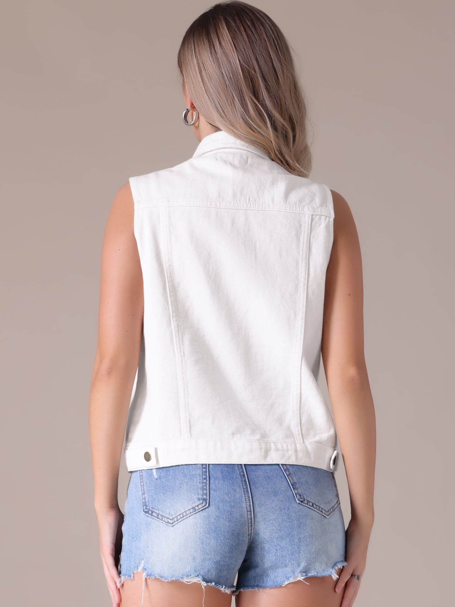 DARING DIVA Womens Denim Vest Button Down Jacket Sleeveless Jean Jacket M White