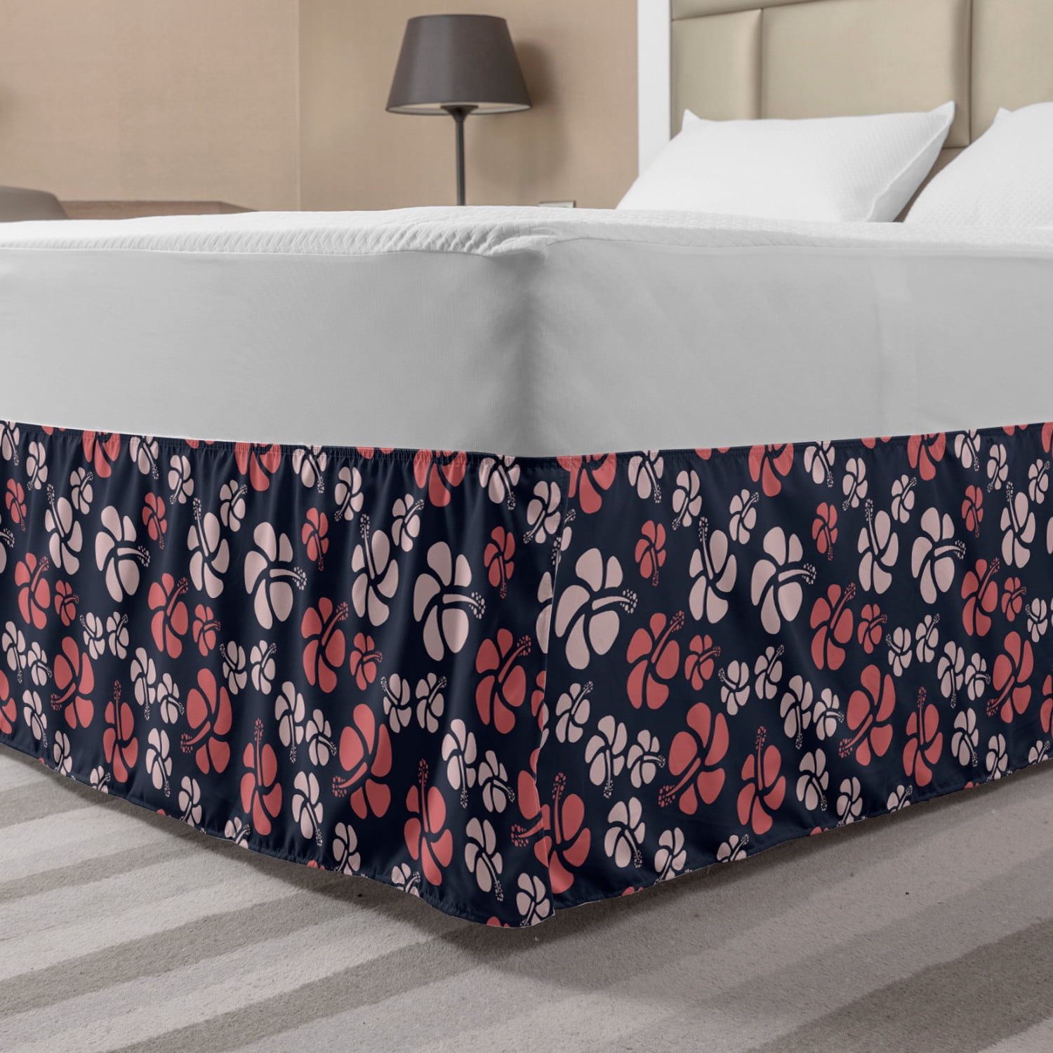 Floral Bed Skirt, Simple Summer Pattern of Tropical Hibiscus Flower Petals Garden, Elastic