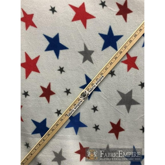 Fleece Printed Fabric RED GRAY AND BLUE STARS WHITE BACKGROUND / 58" Wide / Sold by the yard