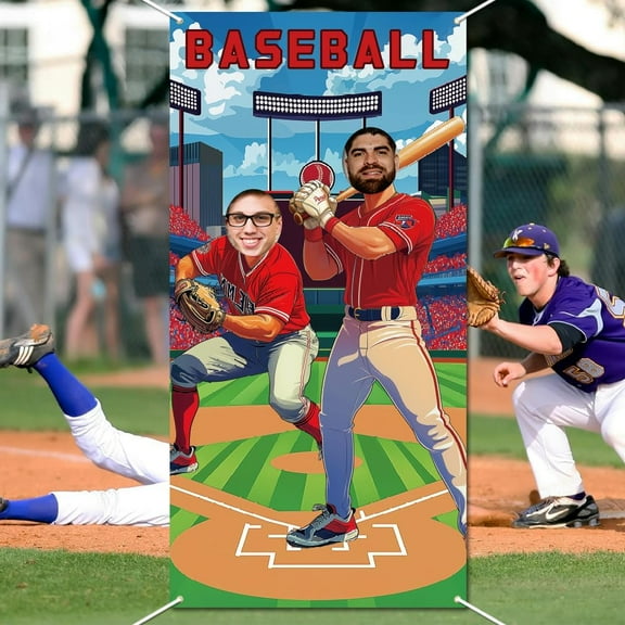 Baseball Photo Door Banner Baseball Party Phtography Backdrop Large Fabric Baseball Sports Face in Hole Hanging Banner with Rope for Baseball Sports Party Birthday Party 35.43x70.87 Inch