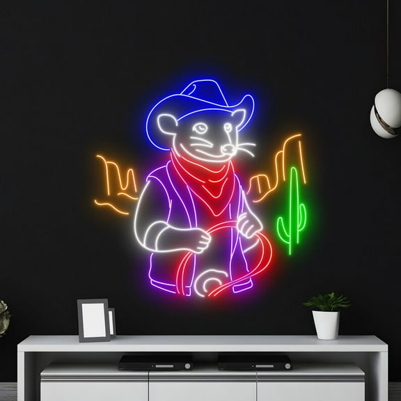 Handmadetneonsign Cowboy Opossum Neon Sign, Opossum Neon Led Art Decor, Western Opossum Wall Decor