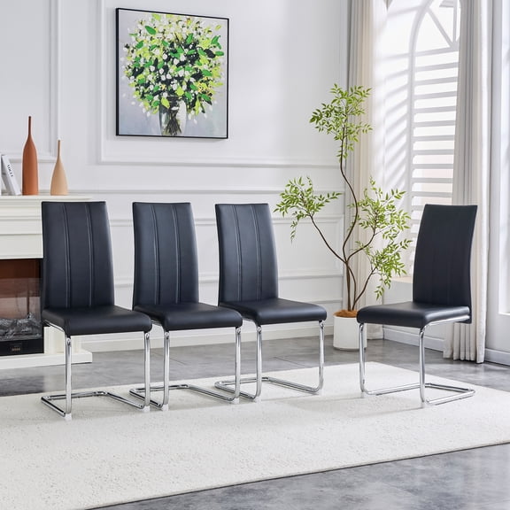 4-Pack Black PU Upholstered Dining Chairs, High-Back with Chrome-Plated Iron Tube Legs for Dining Room, Kitchen & Living Room
