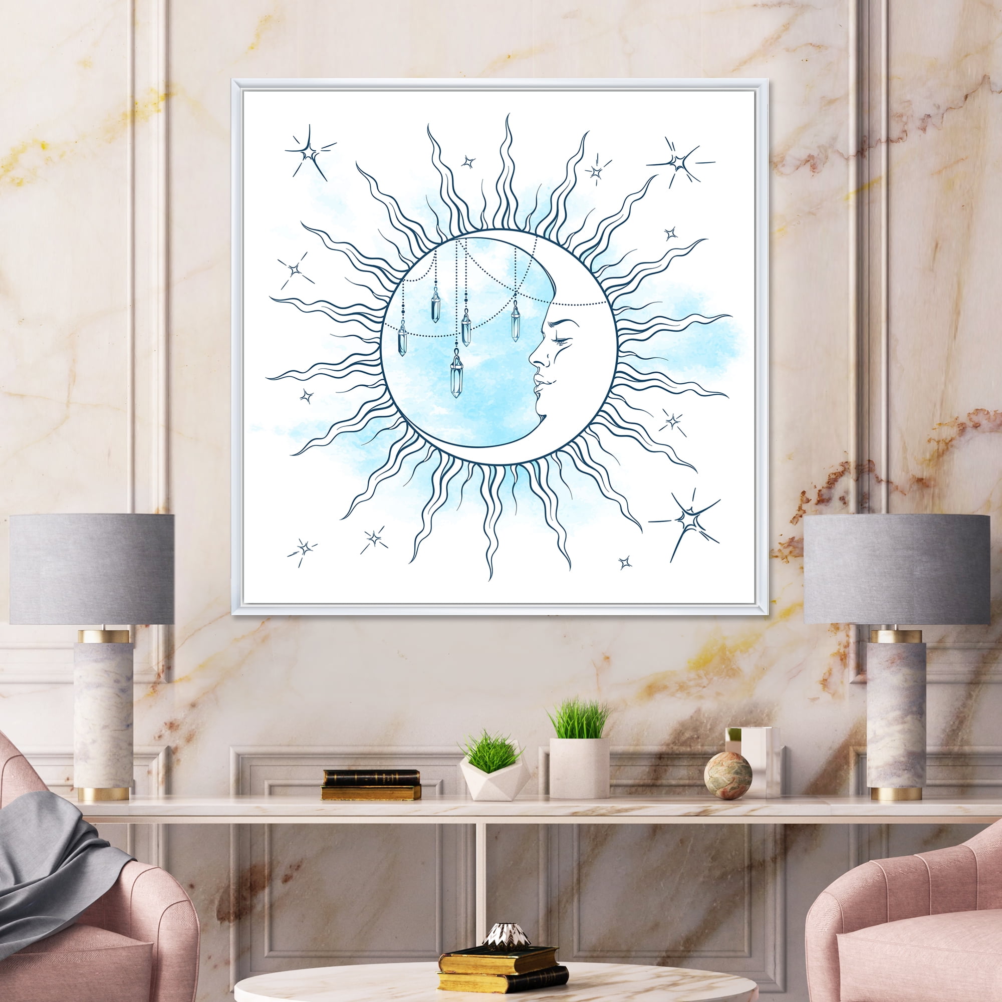Designart 'Blue Crescent Moon With Stars and Moonstone Pendants' Bohemian & Eclectic Framed Canvas Wall Art Print