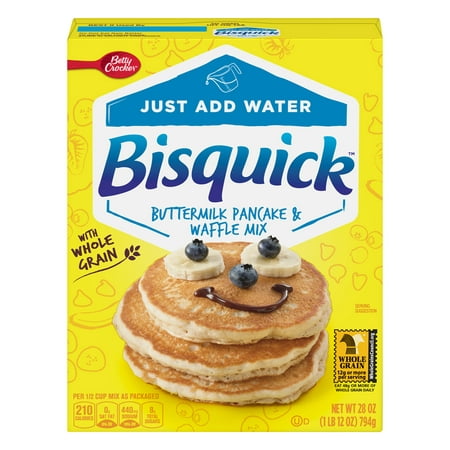 (4 Pack) Betty Crocker Bisquick Baking Mix, Complete Pancake and Waffle Mix, Buttermilk with Whole Grain, 28 Oz