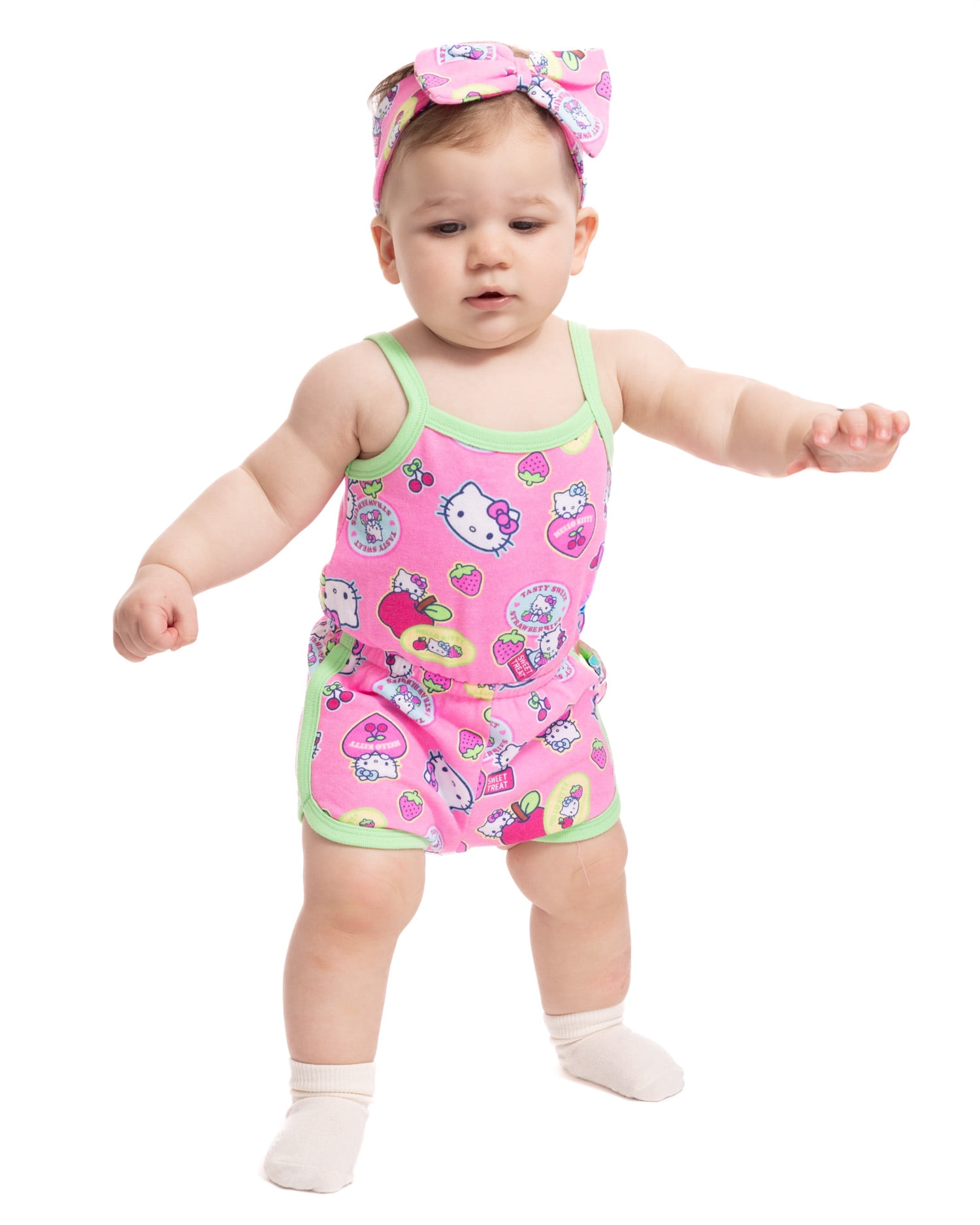 Hello Kitty Baby Girls Spaghetti Strap Print Romper with Matching Bow Headband, Sizes 0/3M-24M