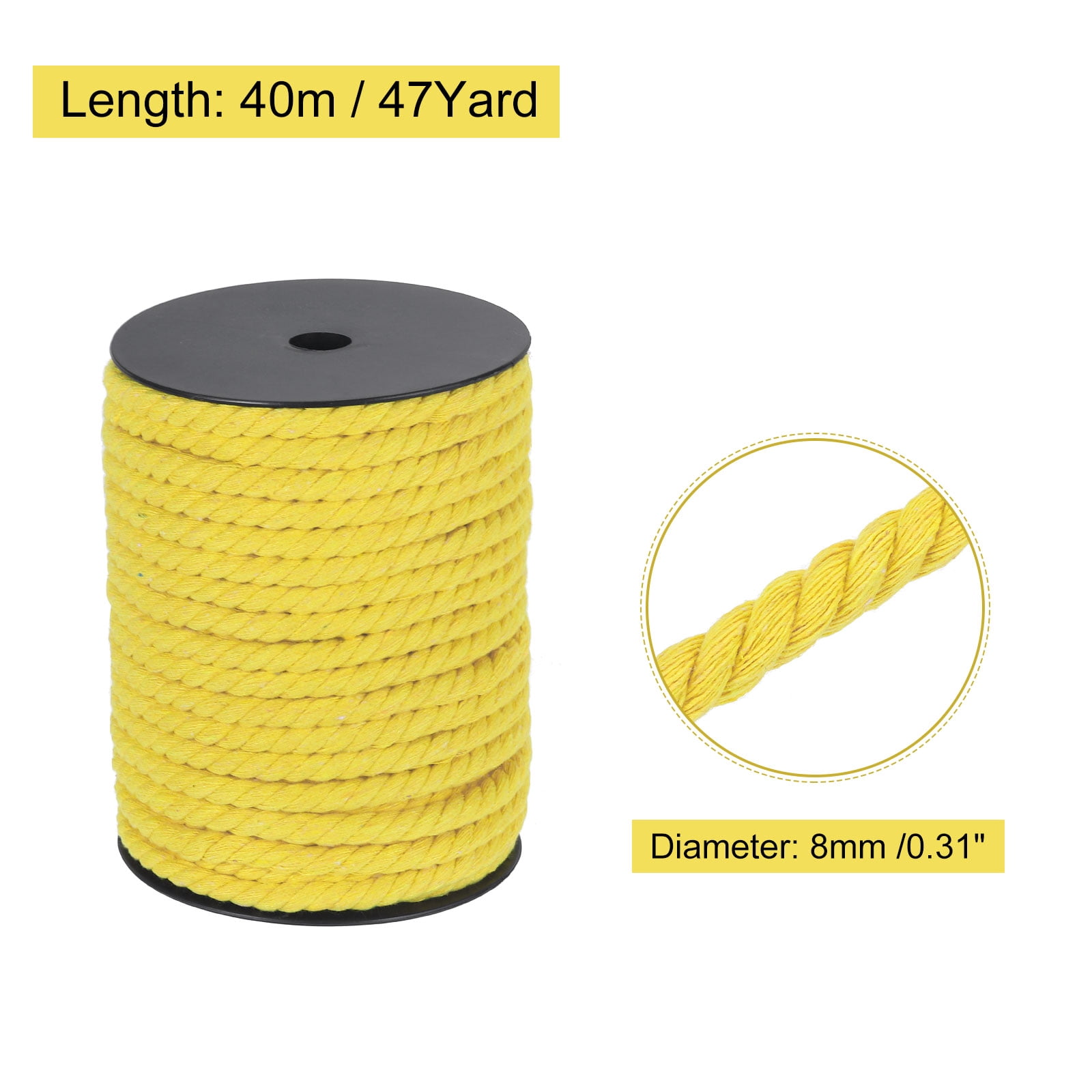 Cotton Rope 3 Strand Twisted Braided Rope Cord, Yellow 40m/47 Yard 8mm Dia for Wall Hanging, Plant Hanger