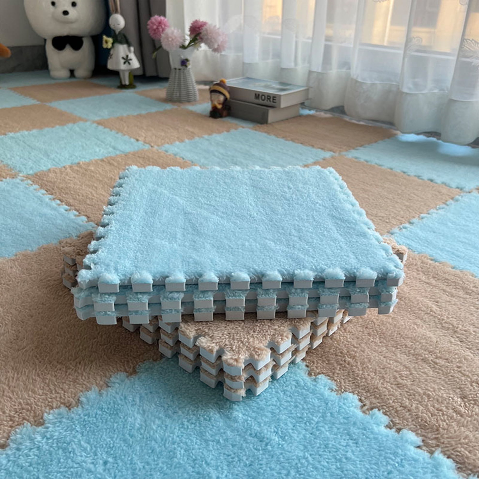 Interlocking Carpet Shaggy Soft EVA Foam Mats Fluffy Square Thickened Plush Tiles Protective Floor Tiles Exercise Play Mat for Children Kids Room Home Parlor Bedroom (Sky Blue, 12 Pcs)