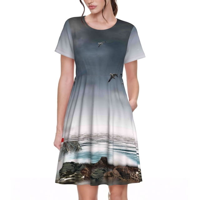 Balery 3d Lighthouse in the Surf Vestidos sueltos de manga corta para mujer, vestidos de verano 2025, vestidos casuales de corte A con vuelo.