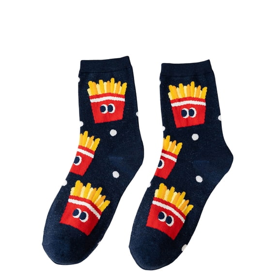 Funny French Fry Socks Novelty Crew Socks with Cartoon Eyes, Navy Blue Cotton Unisex One Size Fits Most, Cute Gift,Size Free Size