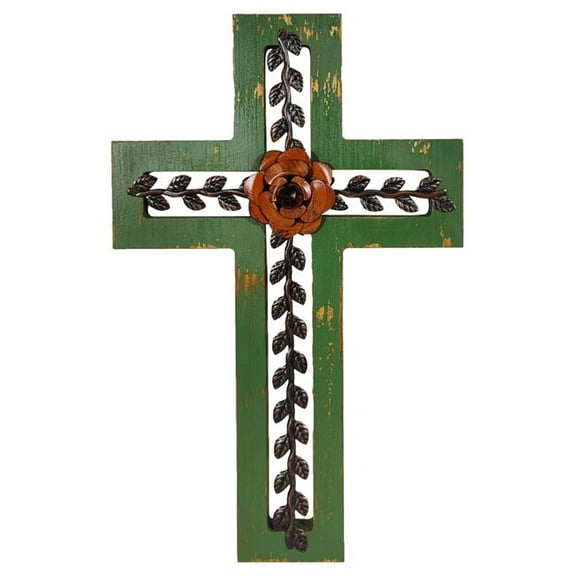 De Leon Collections 14547 Wooden Green Cross with Red Rose Hanging Wall Cross Dcor