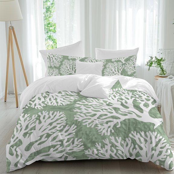Green Coral 4 piece Duvet Cover Set, Comfort Bedding Set Twin Size Include a Duvet Cover, a Bed Sheet, 2 Pillowcase with Zipper for All Season
