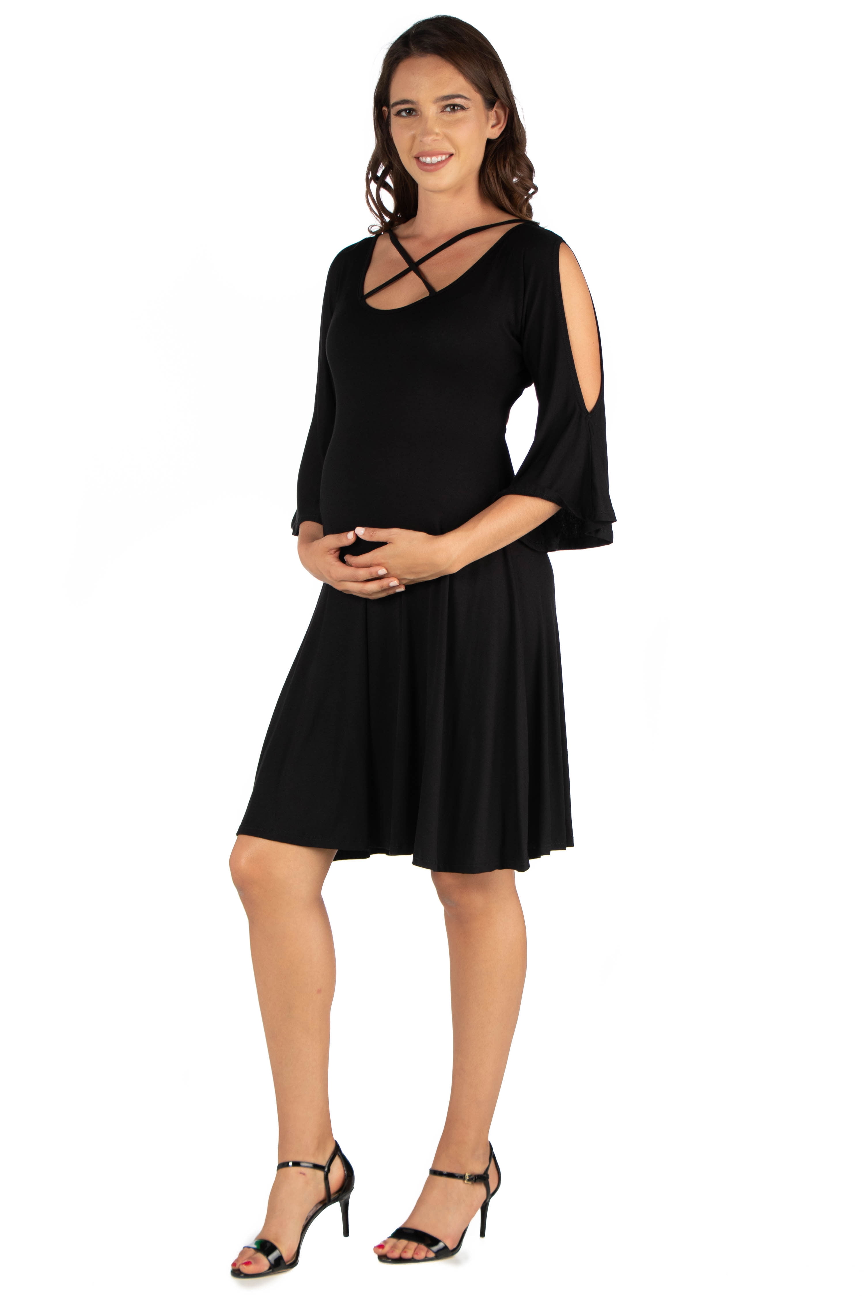 24seven Comfort Apparel Criss Cross Neckline Cold Shoulder Maternity Dress