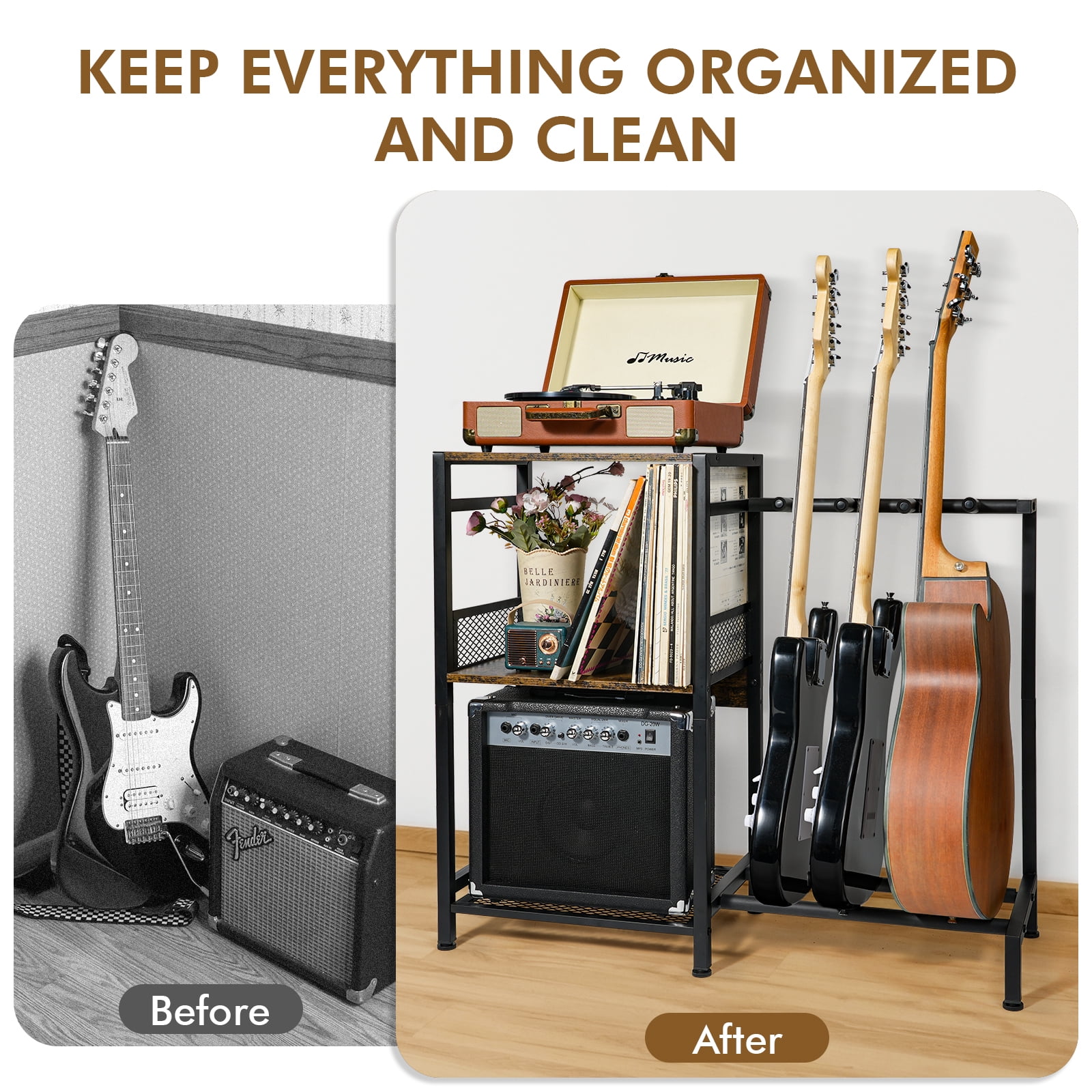 Guitar Stand for Multiple Acoustic Bass Electric Guitars Cases with Vinyl Record Storage Cabinet and 3-Tier Shelf