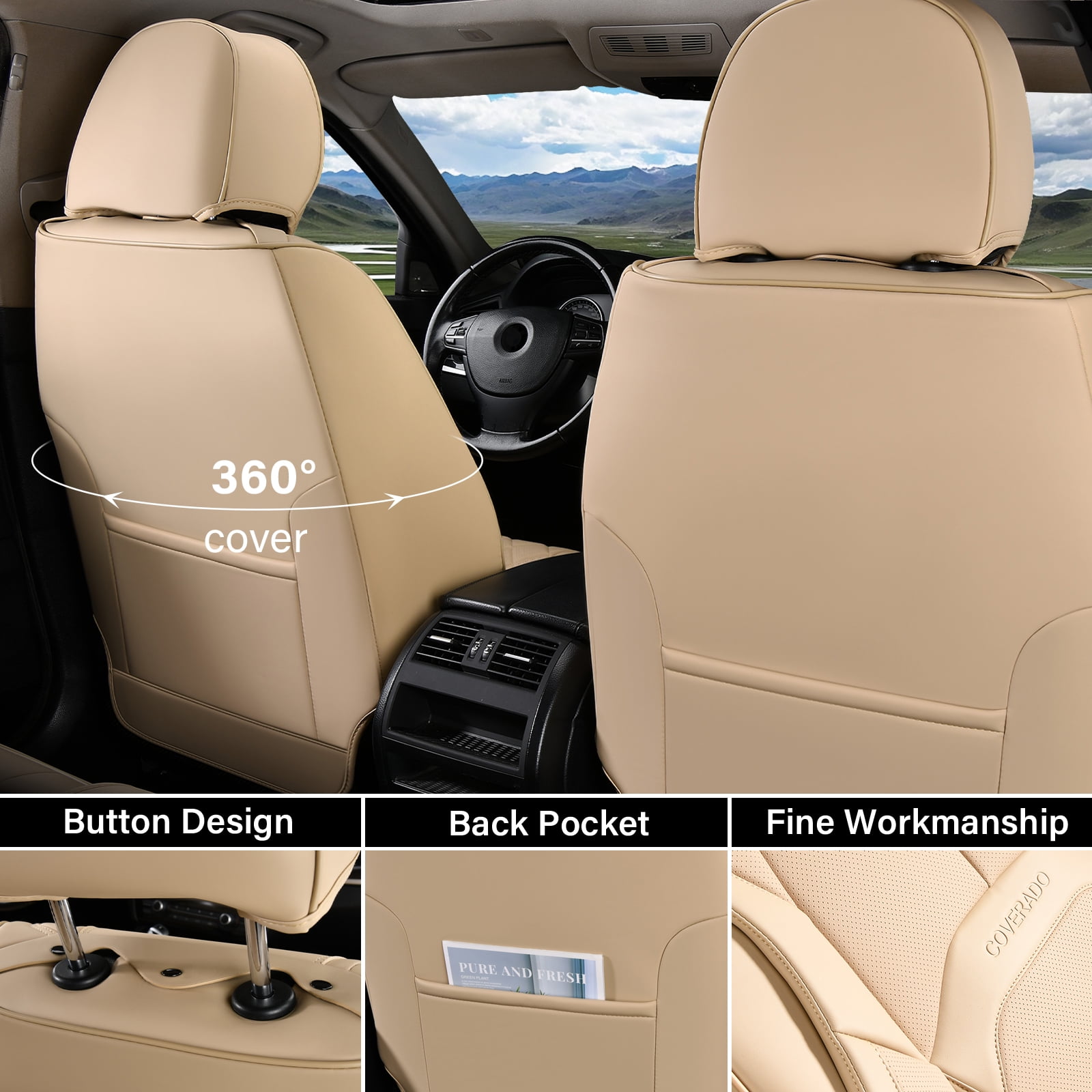 Coverado Front Seat Covers for Car, Premium Leather Seat Protectors with Lumbar Support, Waterproof Auto Cushions Universal Fit for Most Cars, Beige