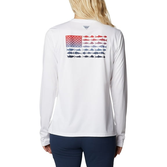 Columbia Women's Tidal PFG Fish Flag Long Sleeve Shirt (White/Fish Flag Ombre, XL)